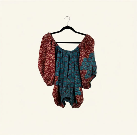She Lives Beauty Wildflower Bloom Kantha top in teal and maroon vintage cotton with bubble sleeves and boho pattern