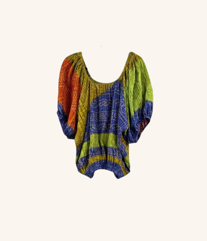 She Lives Beauty Wildflower Bloom Kantha top in multicolor vintage cotton with bubble sleeves and bohemian stitching.