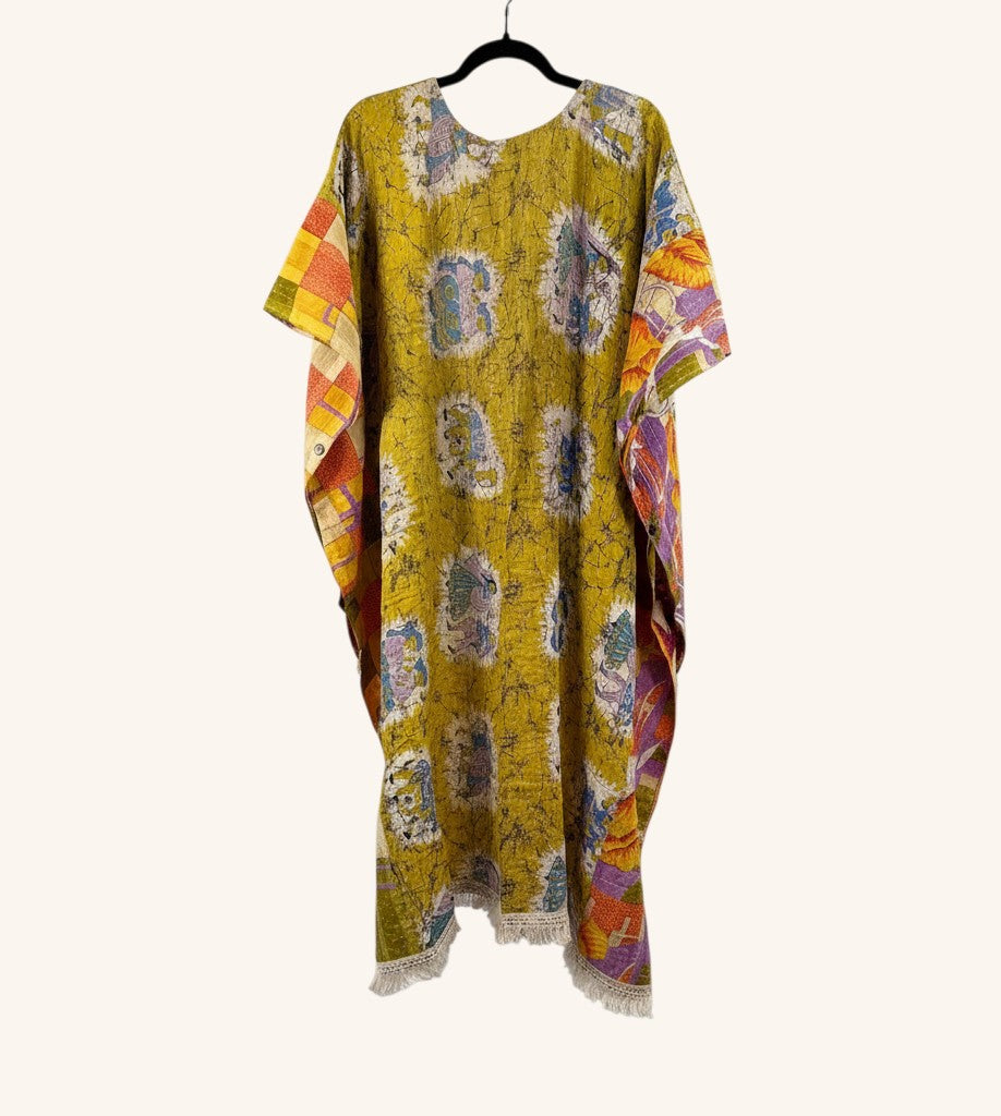She Lives Beauty reversible Kantha top in yellow vintage cotton with bohemian patchwork patterns and fringe trim.