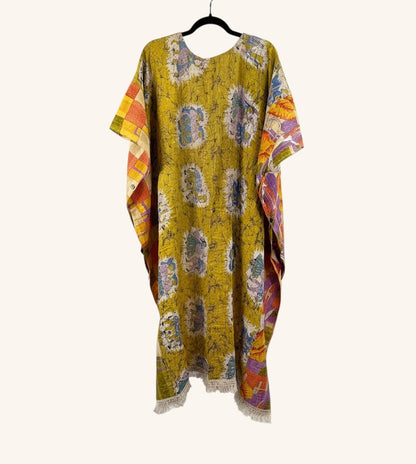 She Lives Beauty reversible Kantha top in yellow vintage cotton with bohemian patchwork patterns and fringe trim.