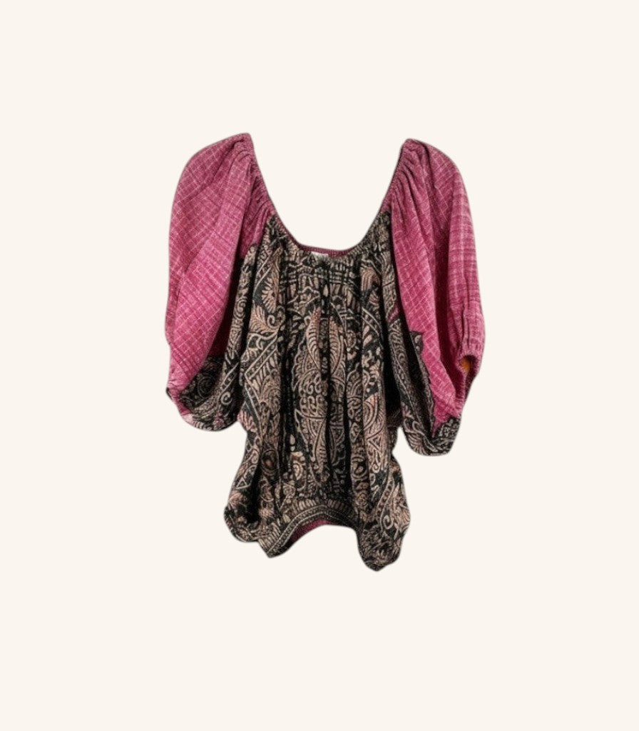 She Lives Beauty Wildflower Bloom Kantha top in pink and black vintage cotton with romantic bubble sleeves.