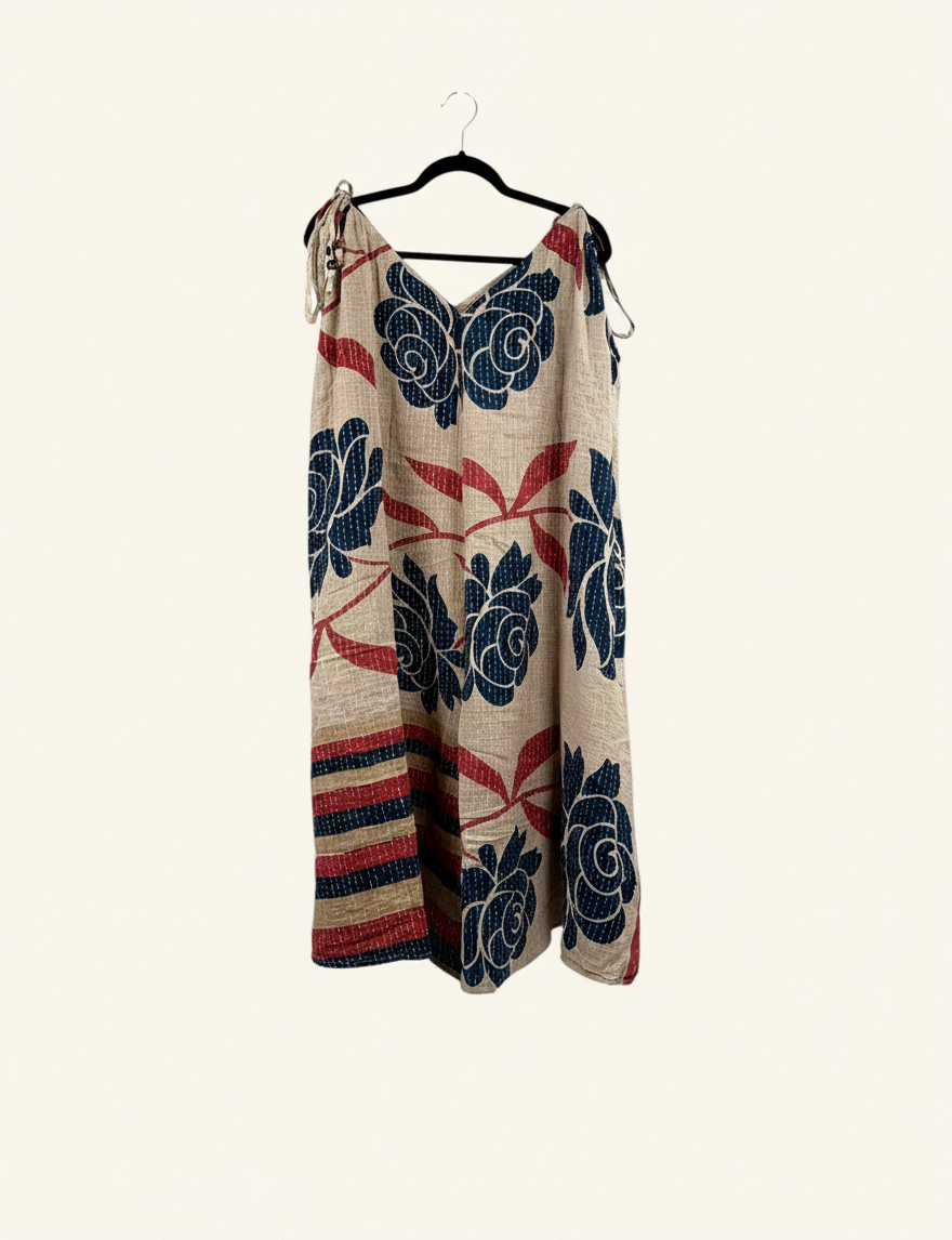 She Lives Beauty Sacred Journey Kantha Jumpsuit in vintage cotton with blue and red floral patterns on beige fabric