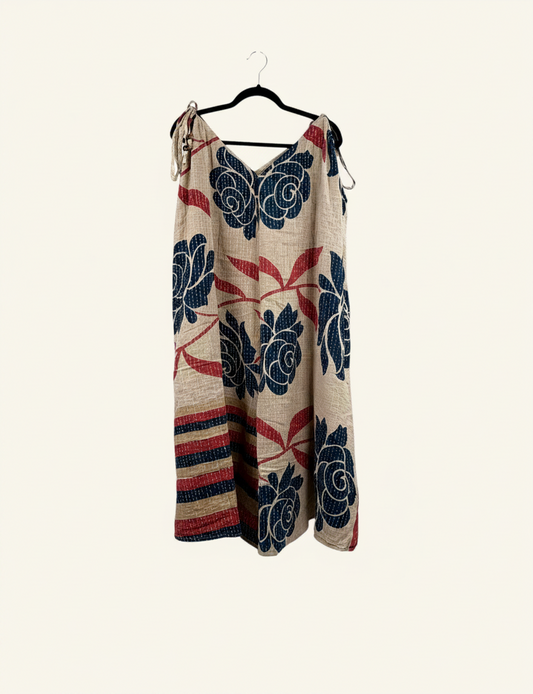 She Lives Beauty Sacred Journey Kantha Jumpsuit in vintage cotton with blue and red floral patterns on beige fabric
