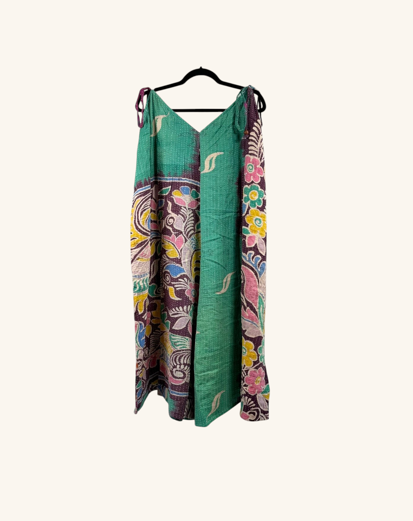 She Lives Beauty Sacred Journey Kantha jumpsuit in vintage cotton with green floral patchwork and adjustable straps