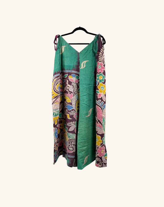 She Lives Beauty Sacred Journey Kantha jumpsuit in vintage cotton with green floral patchwork and adjustable straps
