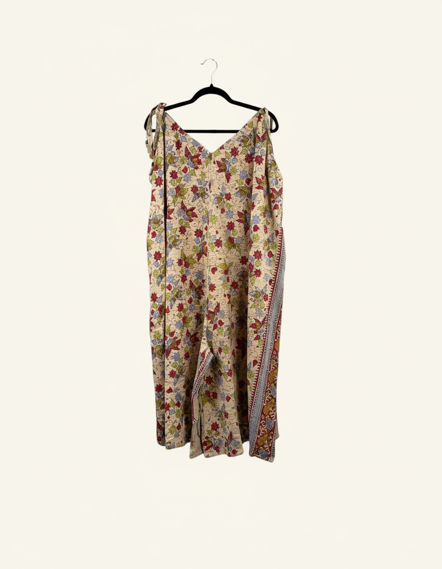 She Lives Beauty Sacred Journey Kantha jumpsuit in floral vintage cotton with adjustable straps and side pockets
