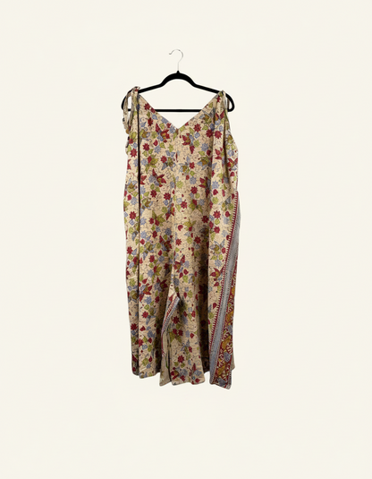 She Lives Beauty Sacred Journey Kantha jumpsuit in floral vintage cotton with adjustable straps and side pockets
