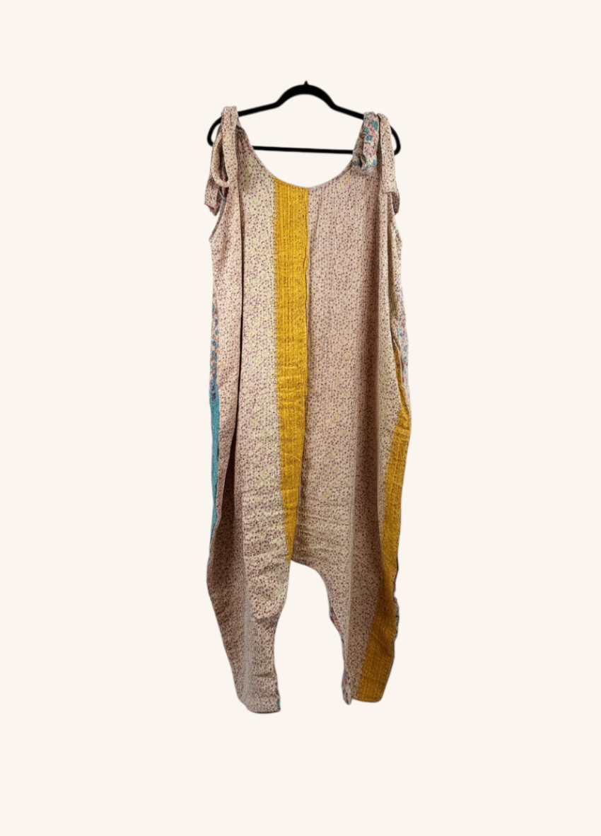 She Lives Beauty Becoming Wild harem jumpsuit made from vintage kantha stitched cotton in floral and yellow patterns.