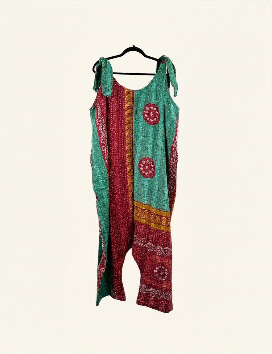 She Lives Beauty Becoming Wild harem jumpsuit in vintage kantha cotton with teal and maroon bohemian patterns.