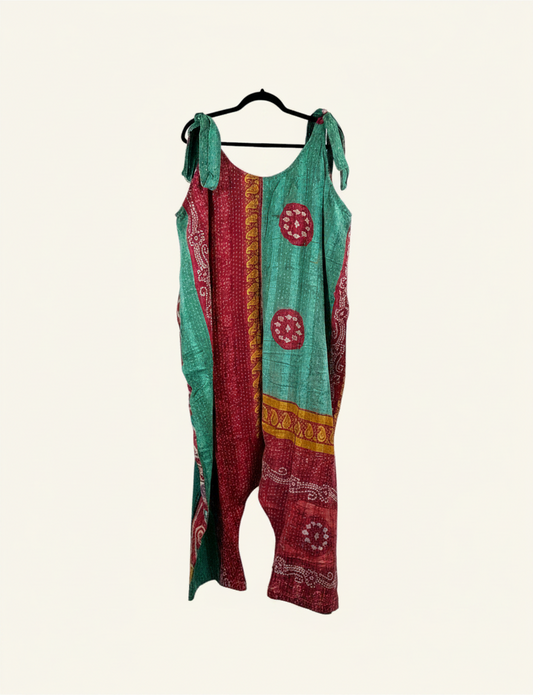 She Lives Beauty Becoming Wild harem jumpsuit in vintage kantha cotton with teal and maroon bohemian patterns.