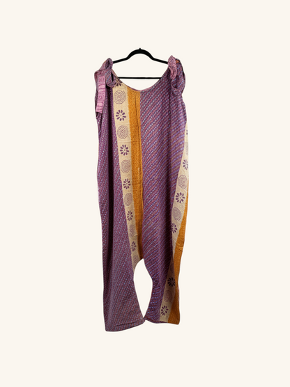 She Lives Beauty Becoming Wild Harem Kantha Jumpsuit in purple and gold vintage cotton with floral patterns.