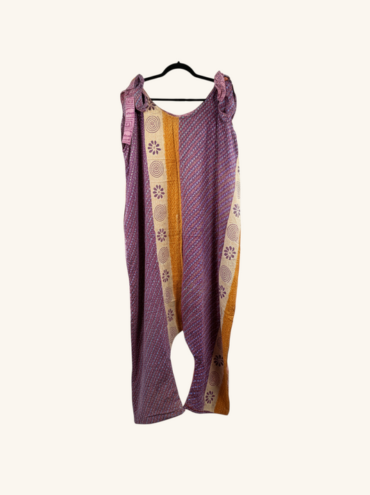 She Lives Beauty Becoming Wild Harem Kantha Jumpsuit in purple and gold vintage cotton with floral patterns.