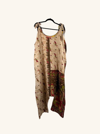 She Lives Beauty Becoming Wild harem jumpsuit made from vintage kantha stitched cotton in beige with patterned panels