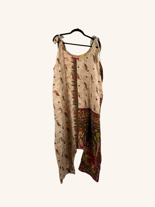 She Lives Beauty Becoming Wild harem jumpsuit made from vintage kantha stitched cotton in beige with patterned panels