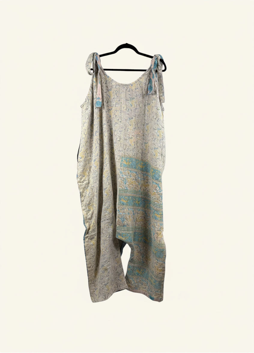 She Lives Beauty Becoming Wild harem jumpsuit made from vintage kantha stitched cotton in neutral tones with blue accents