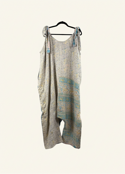 She Lives Beauty Becoming Wild harem jumpsuit made from vintage kantha stitched cotton in neutral tones with blue accents
