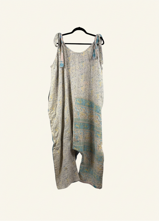 She Lives Beauty Becoming Wild harem jumpsuit made from vintage kantha stitched cotton in neutral tones with blue accents