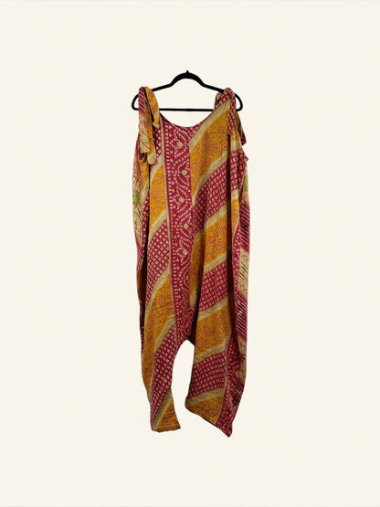 She Lives Beauty Becoming Wild harem jumpsuit made from vintage red and yellow kantha stitched cotton saris