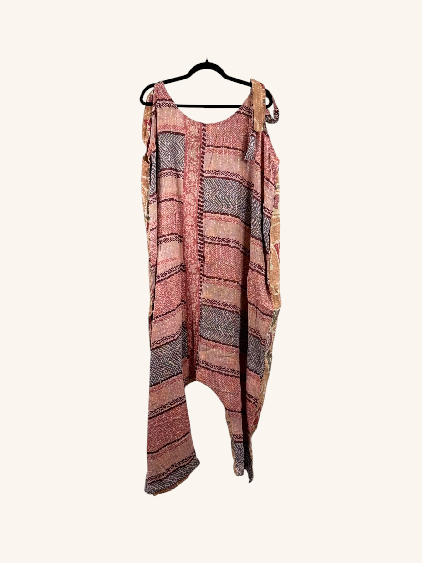 She Lives Beauty Becoming Wild harem jumpsuit made from vintage kantha cotton saris with pink and grey patterns.