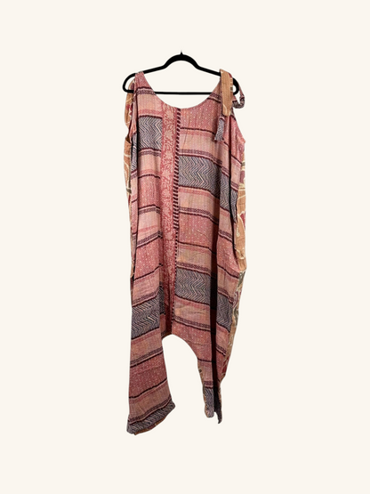 She Lives Beauty Becoming Wild harem jumpsuit made from vintage kantha cotton saris with pink and grey patterns.