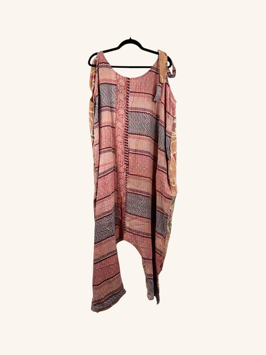 She Lives Beauty Becoming Wild harem jumpsuit made from vintage kantha cotton saris with pink and grey patterns.