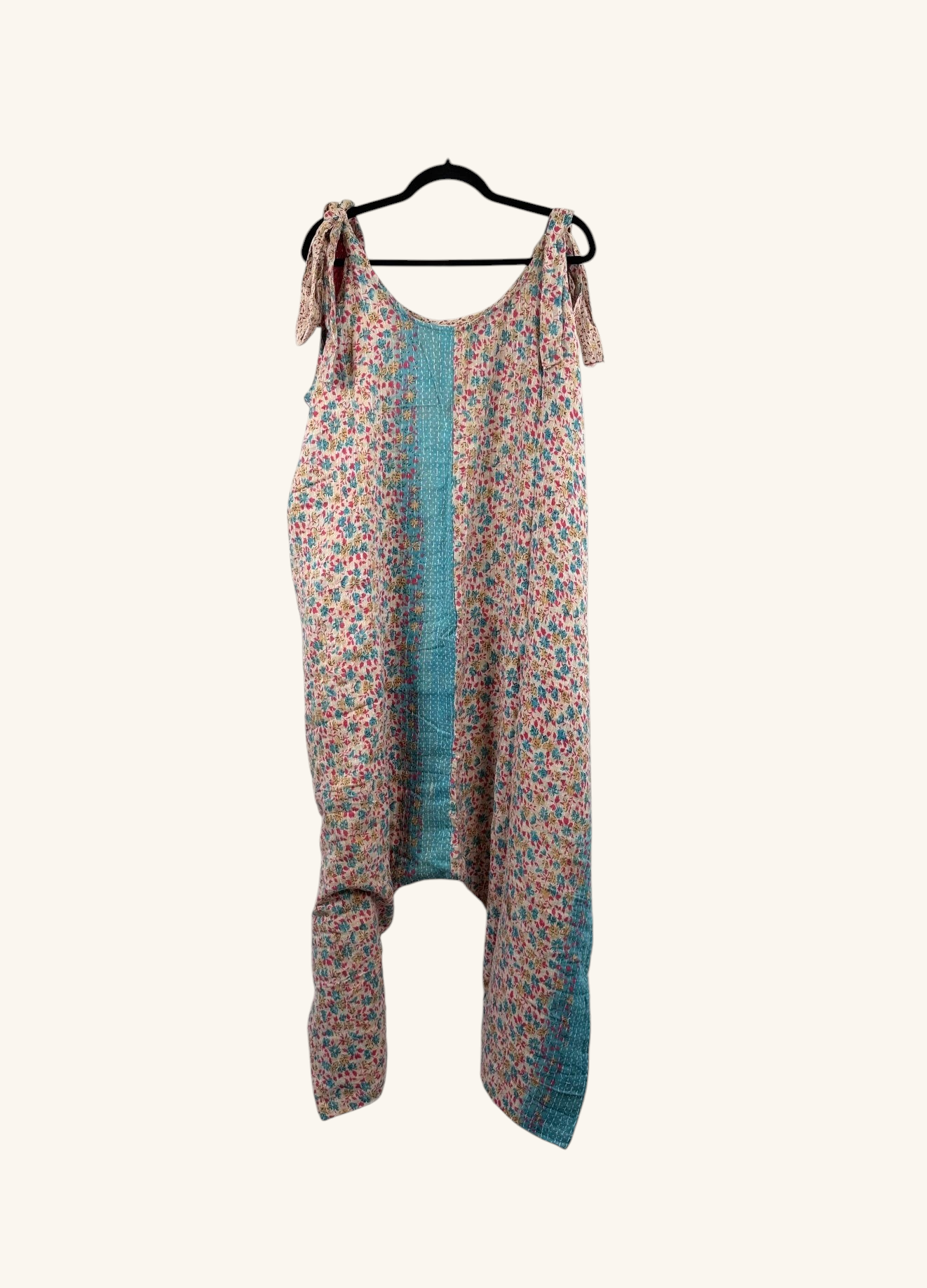 She Lives Beauty Becoming Wild harem jumpsuit in floral vintage Kantha cotton with tie shoulders and relaxed fit
