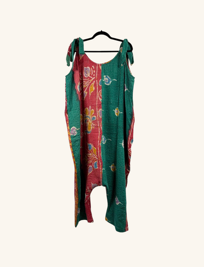 She Lives Beauty Becoming Wild harem jumpsuit in green and red vintage kantha stitched cotton with tie shoulders