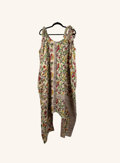 She Lives Beauty Becoming Wild harem jumpsuit in vintage floral kantha cotton with a relaxed bohemian silhouette