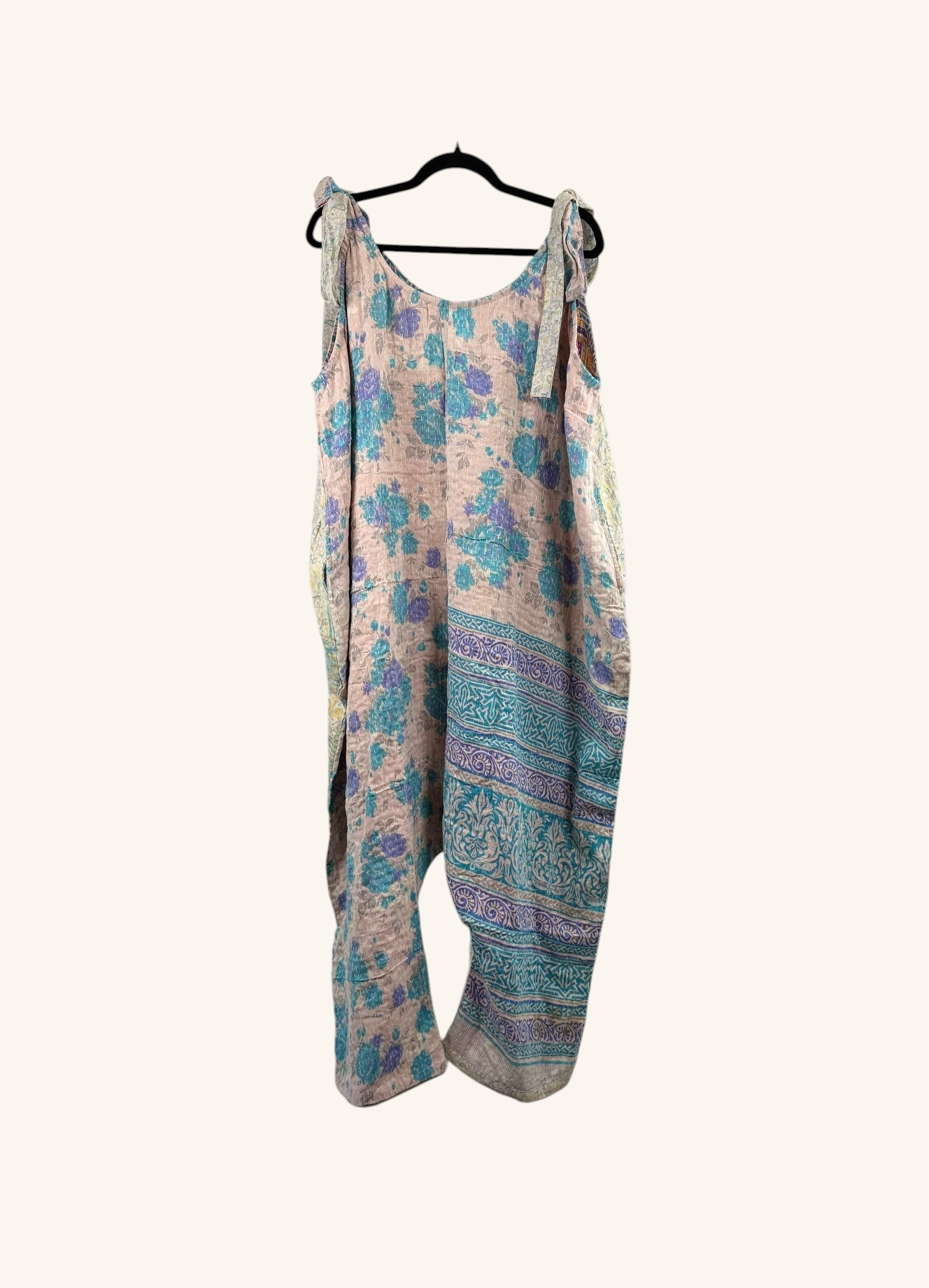 She Lives Beauty Becoming Wild harem jumpsuit in vintage kantha cotton with blue and pink floral patterns