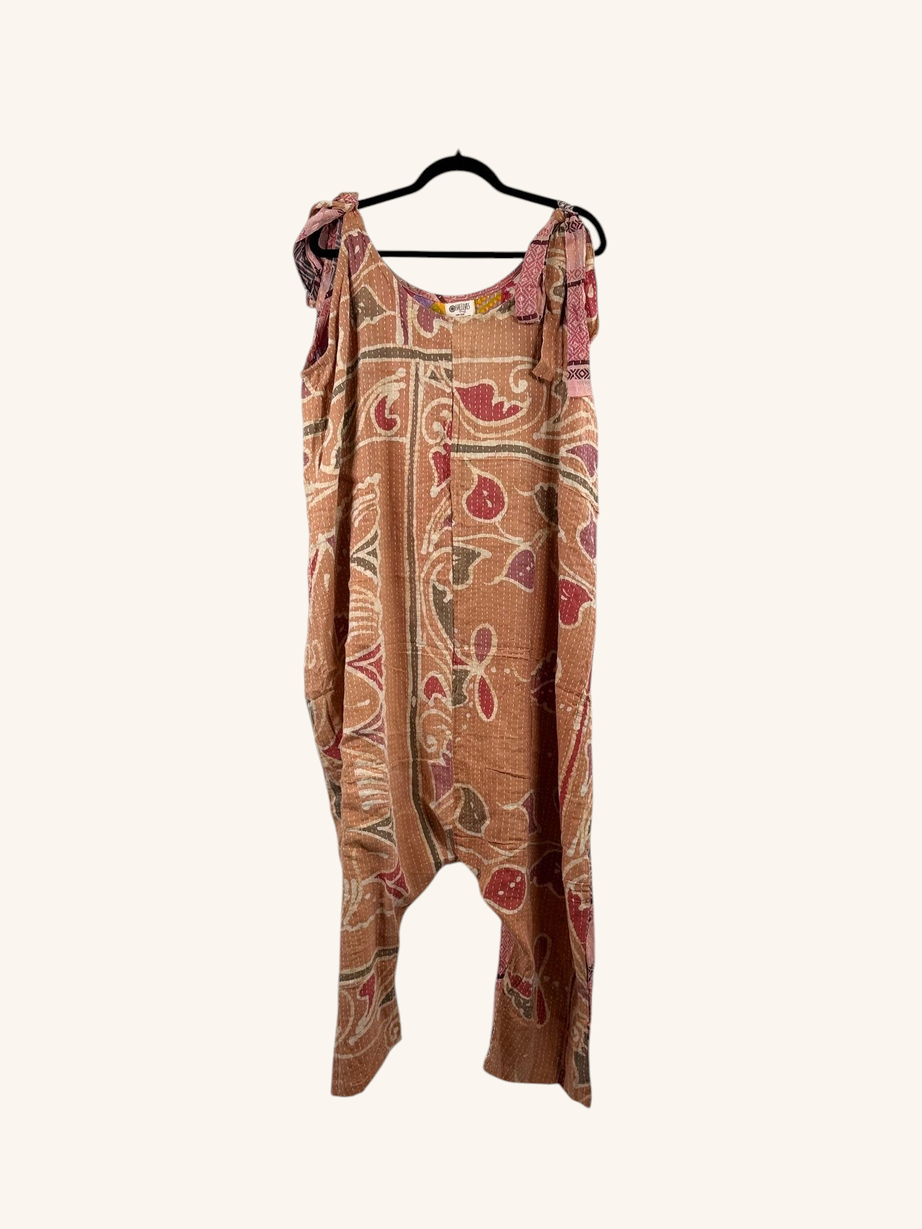 She Lives Beauty Becoming Wild harem jumpsuit in vintage kantha stitched cotton with bohemian floral patterns.