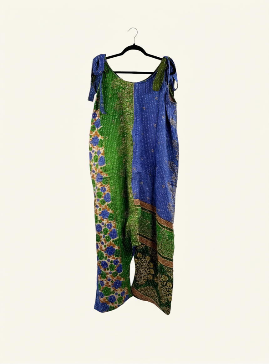 She Lives Beauty Becoming Wild harem jumpsuit in green and blue vintage kantha stitched cotton with tie shoulders.