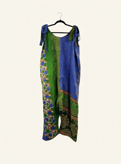 She Lives Beauty Becoming Wild harem jumpsuit in green and blue vintage kantha stitched cotton with tie shoulders.
