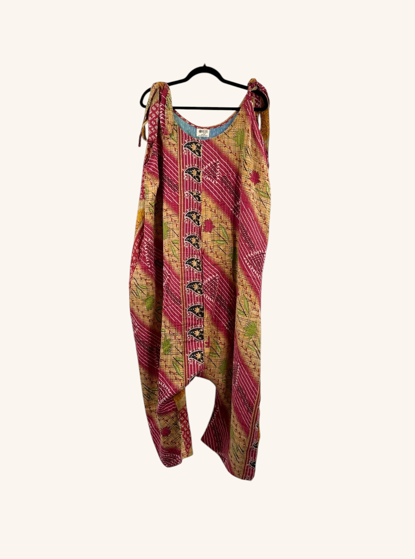 She Lives Beauty Becoming Wild harem jumpsuit in vintage kantha cotton with pink and yellow striped floral patterns