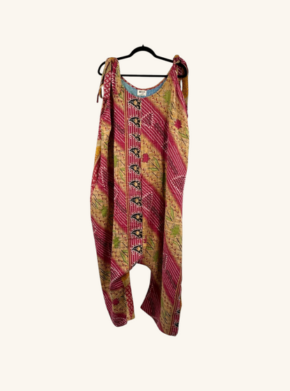 She Lives Beauty Becoming Wild harem jumpsuit in vintage kantha cotton with pink and yellow striped floral patterns