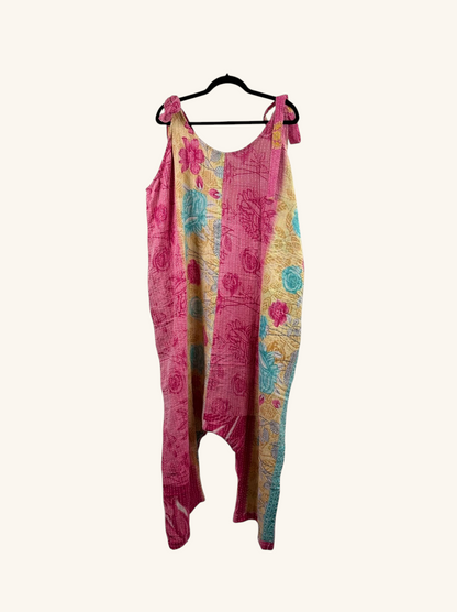 She Lives Beauty Becoming Wild harem jumpsuit in vintage kantha cotton with pink and yellow floral patterns