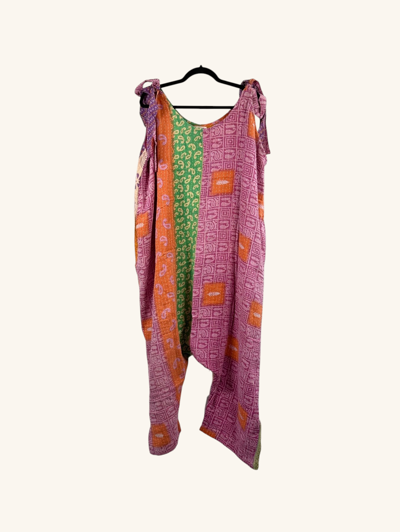 She Lives Beauty Becoming Wild harem jumpsuit in multicolored vintage kantha stitched cotton with bohemian patterns