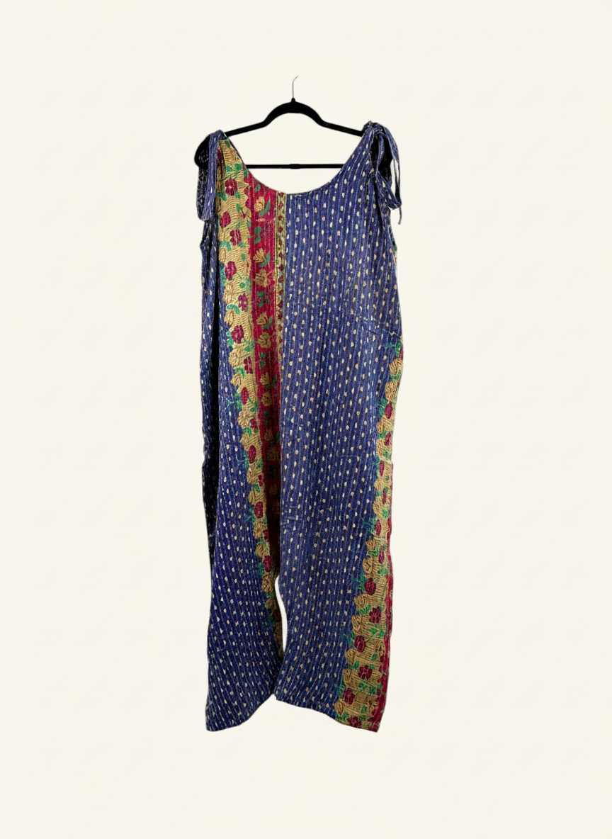 She Lives Beauty Becoming Wild harem jumpsuit in blue vintage kantha cotton with floral patchwork and tie shoulders