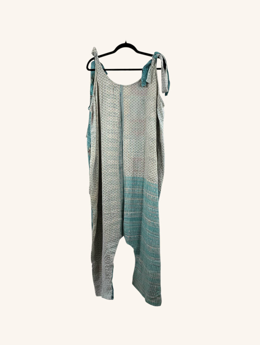 She Lives Beauty Becoming Wild harem jumpsuit in teal and white vintage kantha cotton with tie-shoulder straps.