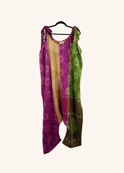 She Lives Beauty Becoming Wild harem jumpsuit in multicolored vintage kantha stitched cotton with a relaxed fit.