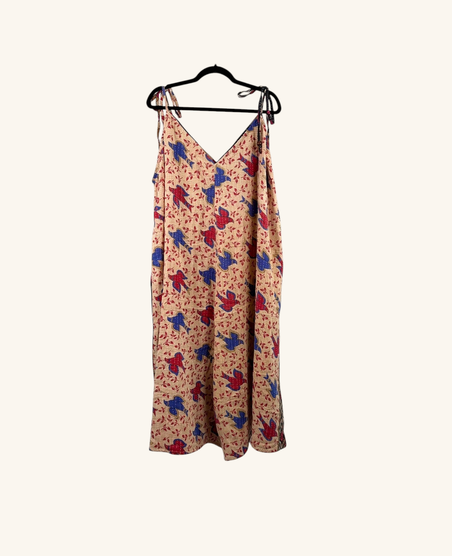 She Lives Beauty Sacred Journey Kantha jumpsuit in beige vintage cotton with red and blue bird print and side pockets
