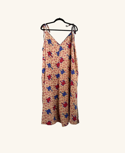 She Lives Beauty Sacred Journey Kantha jumpsuit in beige vintage cotton with red and blue bird print and side pockets