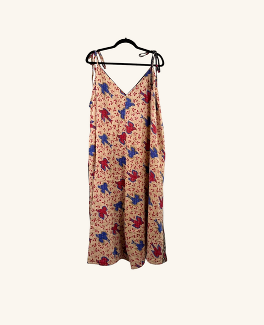 She Lives Beauty Sacred Journey Kantha jumpsuit in beige vintage cotton with red and blue bird print and side pockets