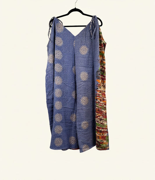 She Lives Beauty Sacred Journey Kantha jumpsuit in blue vintage cotton with floral patterns and side panel detail