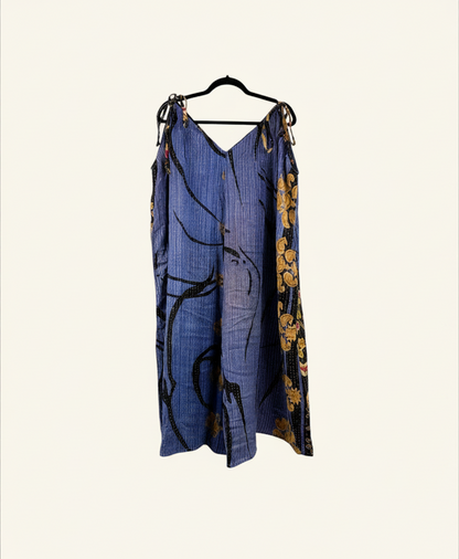 She Lives Beauty Sacred Journey Kantha jumpsuit in blue vintage cotton with floral patterns and adjustable straps