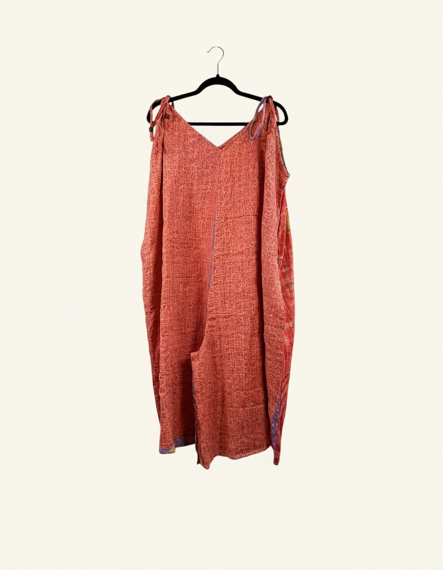 She Lives Beauty Sacred Journey Kantha jumpsuit in coral vintage cotton with adjustable straps and side pockets