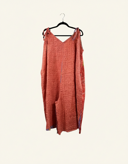 She Lives Beauty Sacred Journey Kantha jumpsuit in coral vintage cotton with adjustable straps and side pockets