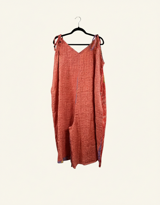 She Lives Beauty Sacred Journey Kantha jumpsuit in coral vintage cotton with adjustable straps and side pockets