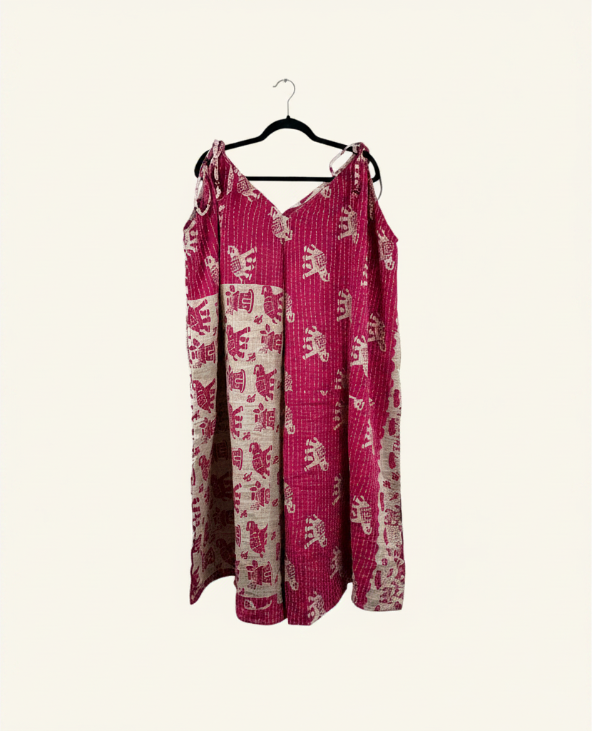 She Lives Beauty Sacred Journey Kantha jumpsuit in pink and beige vintage cotton with elephant print and tie straps