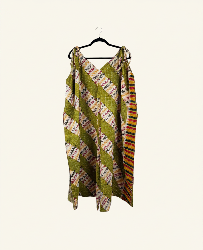 She Lives Beauty Sacred Journey Kantha Jumpsuit in olive green vintage cotton with colorful striped pattern
