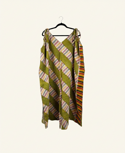 She Lives Beauty Sacred Journey Kantha Jumpsuit in olive green vintage cotton with colorful striped pattern